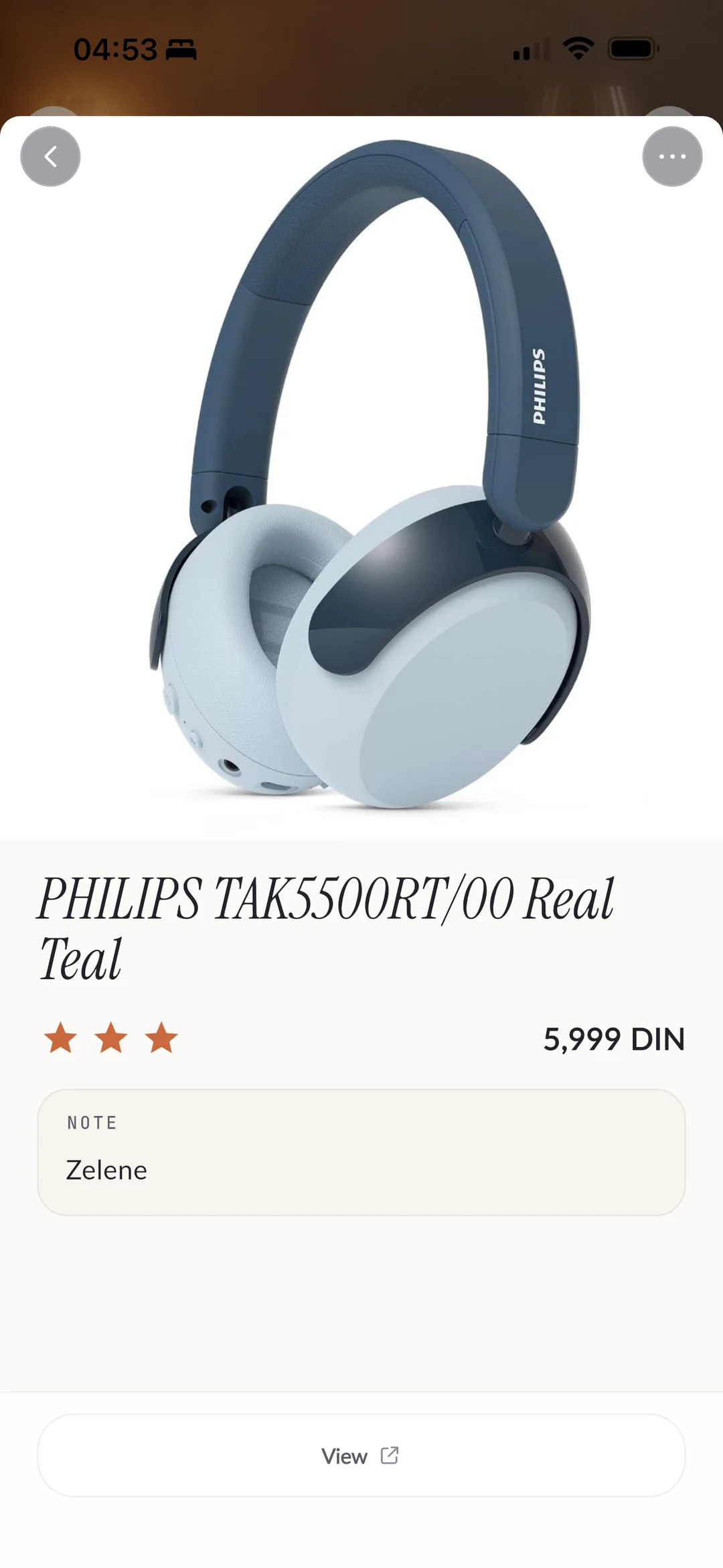 A wish detail screen in Wishco showing headphones with price and note