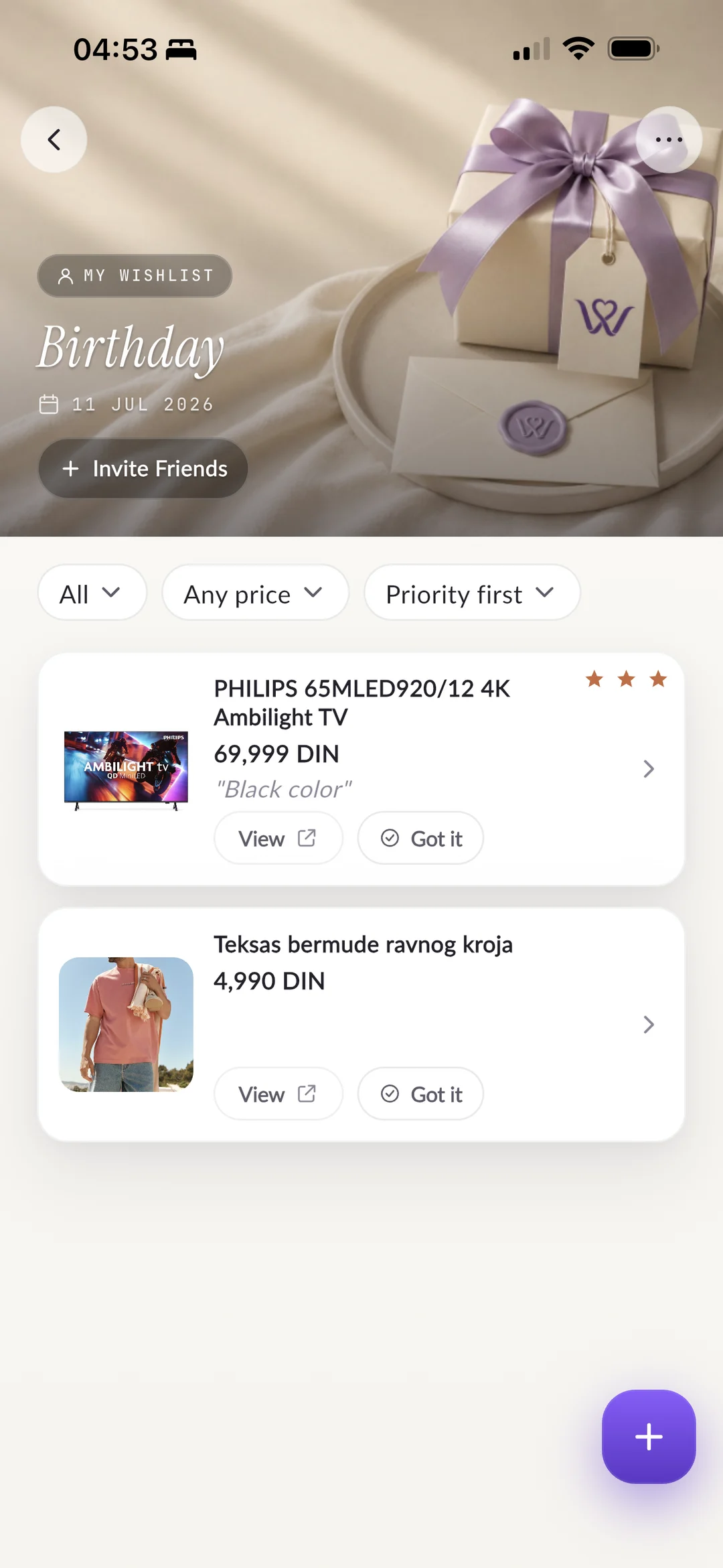 A giver’s view of a shared wishlist, with View and Got it on every wish