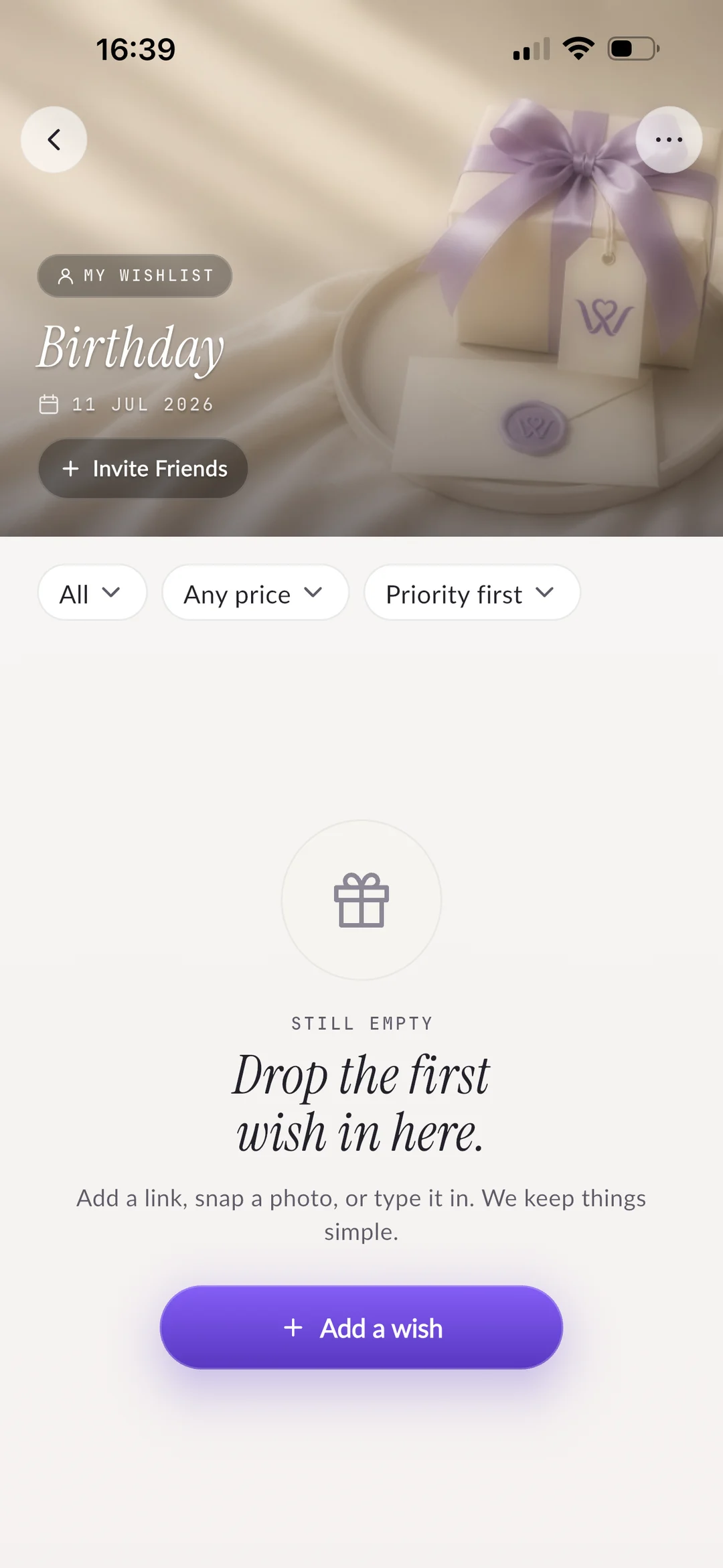 A birthday wishlist in Wishco, still empty: “Drop the first wish in here.”