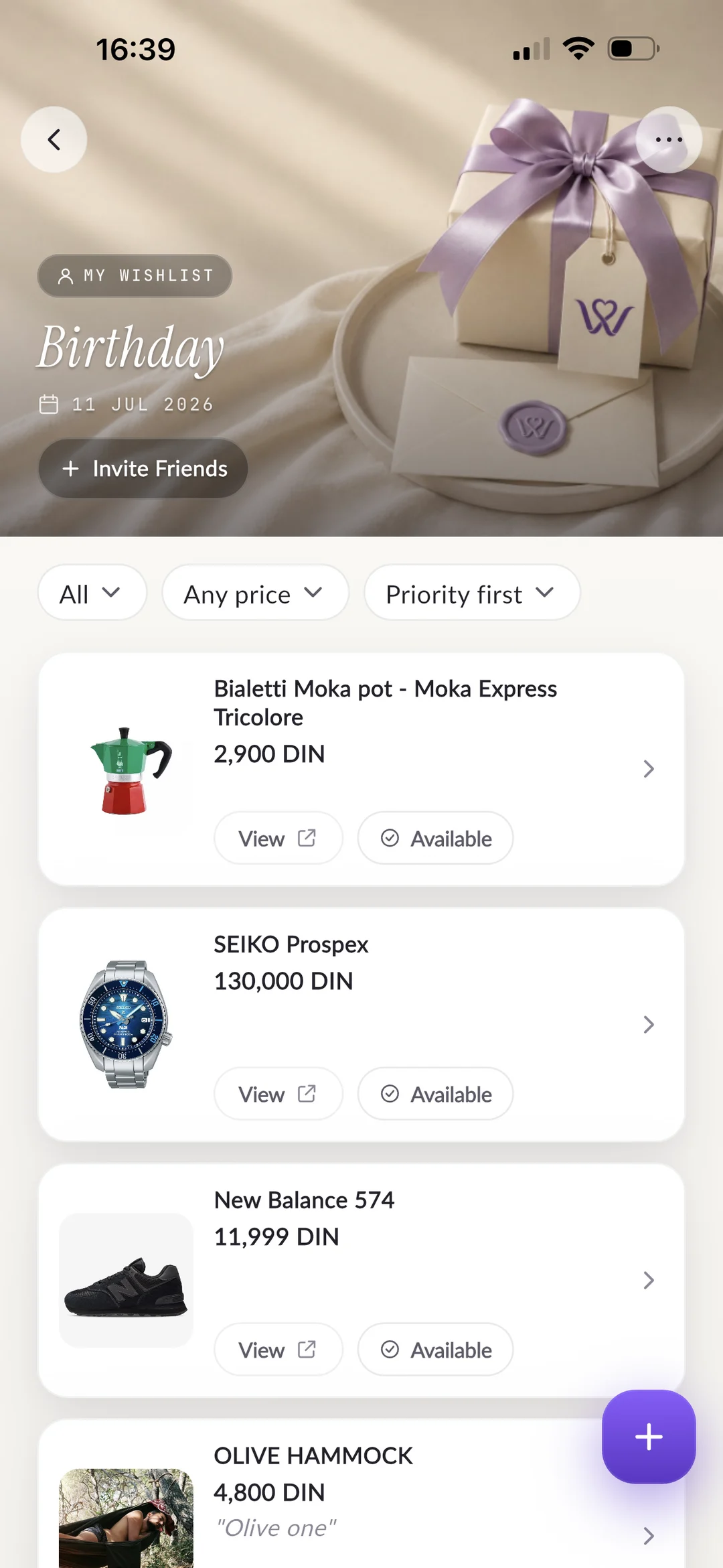The same birthday wishlist filled with four wishes: a moka pot, a dive watch, sneakers and a hammock.